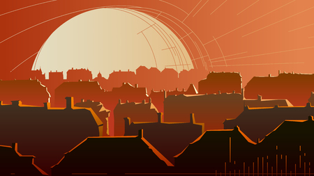 Horizontal vector abstract illustration of old historic part of city and roofs reflect rays of the setting sun.のイラスト素材