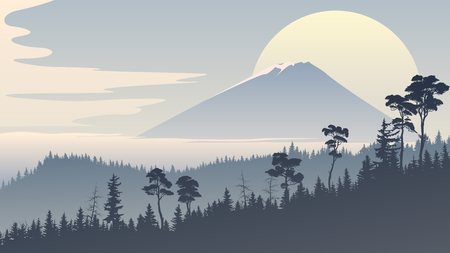 Horizontal stylized illustration with coniferous forest hills and mountain peak in blue tone.のイラスト素材