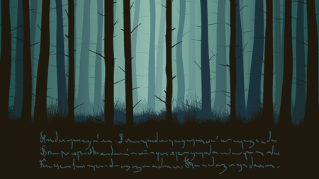 Vector horizontal illustration misty coniferous forest with grass in dark tone and place for text.のイラスト素材