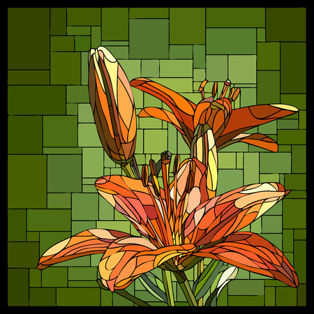 square angular mosaic of blooming orange lilies with buds in green stained-glass window.のイラスト素材