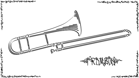 Vector abstract graphic arts sketch of drawing trombone (wind musical instrument ).のイラスト素材