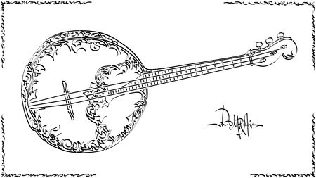 Black and white illustration of stylized (by flat brush stroke) graphic arts sketch of drawing domra.のイラスト素材