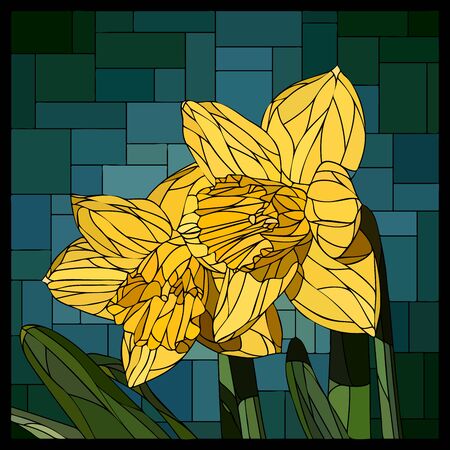 angular mosaic with blooming two yellow narcissus flowers stained-glass window frame.のイラスト素材