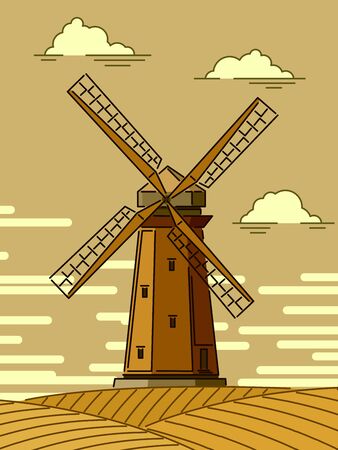 Simple cartoon stylized illustrations of wood windmill at sunset.のイラスト素材