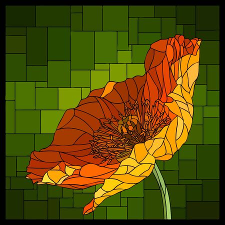 Vector angular mosaic with blooming poppy in stained-glass window.のイラスト素材