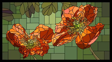 Vector angular mosaic with blooming orange poppies in stained-glass window.のイラスト素材