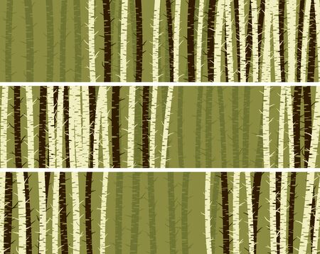Set of horizontal banners with stylized birch trunks on green and space for text.のイラスト素材