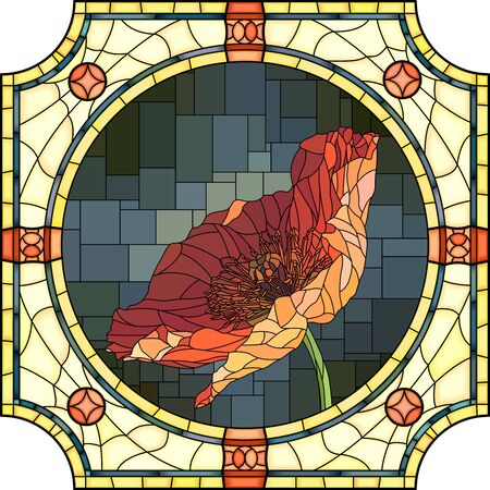 Vector mosaic with of blooming orange poppy in round stained-glass window frame.のイラスト素材