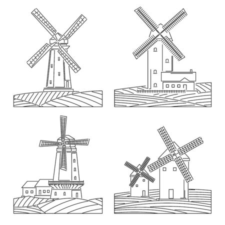 Set of simple black and white linear drawing images of stylized windmills with fields.のイラスト素材