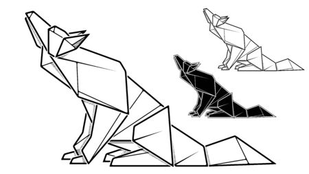 Vector monochrome image of paper wolf origami (contour drawing by line).のイラスト素材