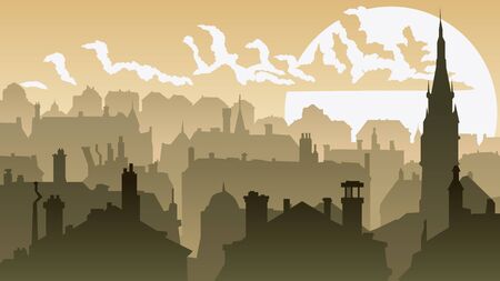 Horizontal vector simple illustration with the old historical part of the old city at sunset (buildings with pipes).のイラスト素材