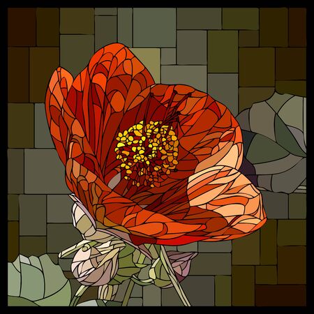 Vector square mosaic with blooming red abutilons flower in stained glass window.のイラスト素材