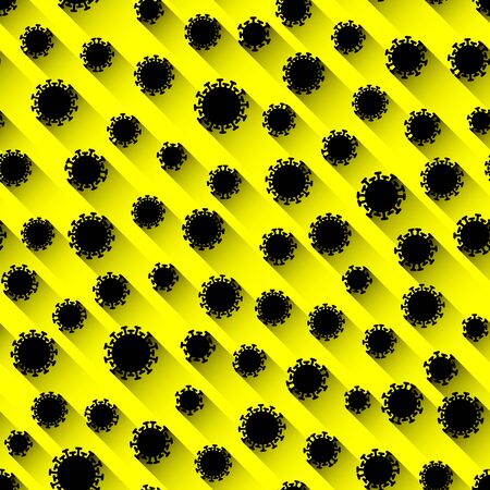 Seamless biohazard warning pattern with black signs of coronavirus on a yellow background. Viral attack.のイラスト素材