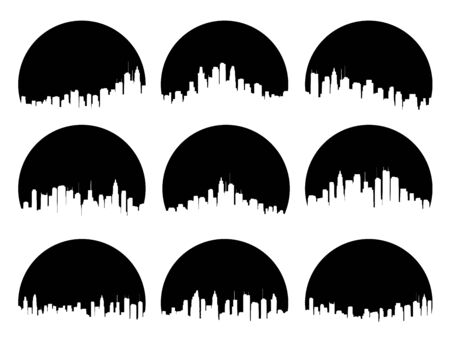 Set of round black emblems of silhouettes sun behind the city high-rise skyscrapers.のイラスト素材