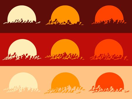 Set of round emblems of silhouettes sunset image, sun setting behind clouds.のイラスト素材
