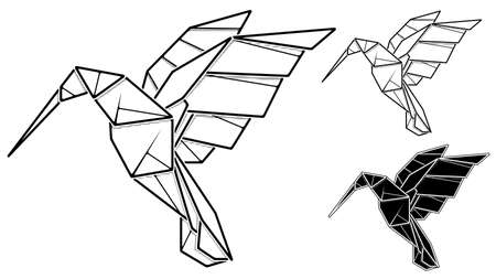 Vector monochrome image of paper origami of humming bird colibri (contour drawing by line).のイラスト素材