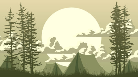 Horizontal illustration of night grassy meadow and coniferous trees with tent camp.のイラスト素材