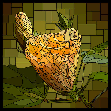Vector square mosaic with blooming cream hibiscus flower in stained glass window.のイラスト素材