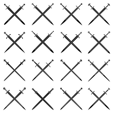 Set of simple black vector images of crossed long swords.のイラスト素材