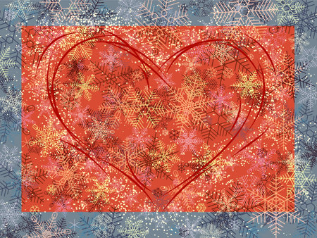 Horizontal bright colored new year's illustration with snowflakes snowfall (with space for text).のイラスト素材