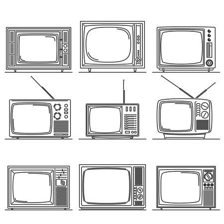Set of simple vector images of old tube TV in a wooden box drawn in art line style.のイラスト素材