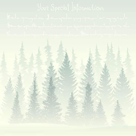 Square illustration of winter card with foggy coniferous forest, place for text.のイラスト素材