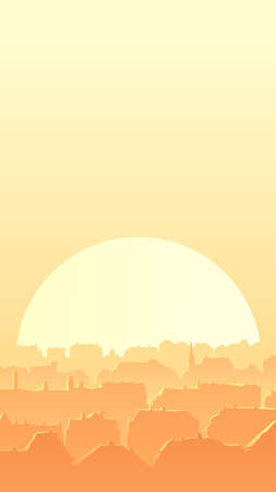 Vertical vector illustration of old historical part of the European city and roofs reflecting rays of the setting sun (with place for text).のイラスト素材