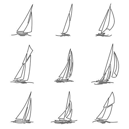 Set of simple vector images of sailing yachts with triangular sails on waves drawn in line style.のイラスト素材