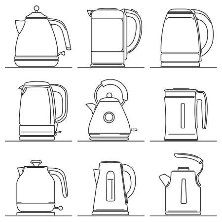 Set of simple vector images of modern electric kettle drawn in art line style.のイラスト素材