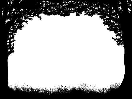 Bordered frame in the form of a window from a forest bounded at the edges by silhouettes of tree trunks, grass, and a crown of foliage.のイラスト素材