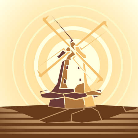 Simple cartoon stylized square illustrations of wood windmill at sunset.のイラスト素材