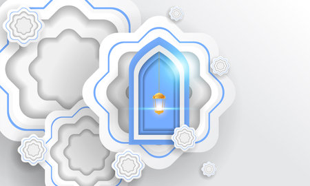 Ramadan design with paper cut style, white and blue, suitable for complementary Islamic themesのイラスト素材