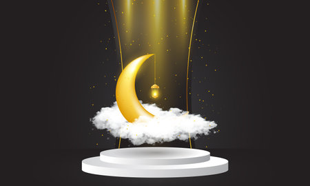 Islamic-themed podium design, containing moon ornaments, lanterns, clouds, lights and podiums, suitable for backgrounds and templates for Islamic eventsのイラスト素材