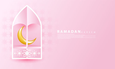 Ramadan themed design in paper cut style, with elements of lantern, moon, and building shadows, perfect for Ramadan backgrounds, posters, banners, vouchers, cards, templates, and more.のイラスト素材