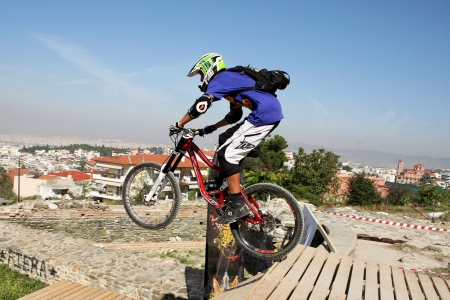 THESSALONIKI,GREECE - SEPT 30, 2012: Unidentified  bikers take part Yedi Kule Runaway competition in Thessaloniki during Urban Downhillのeditorial素材