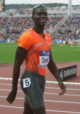 THESSALONIKI, GREECE - SEPT 12:	Kerron Clement celebrates winning the men's 400m hurdles final at the IAAF 2009 World Athletics Final on September 12, 2009 in Kaftatzoglio stadium,Thessaloniki,Greece のeditorial素材