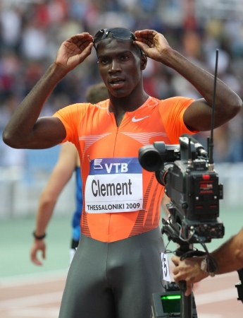 THESSALONIKI, GREECE - SEPT 12:	Kerron Clement celebrates winning the men's 400m hurdles final at the IAAF 2009 World Athletics Final on September 12, 2009 in Kaftatzoglio stadium,Thessaloniki,Greece のeditorial素材
