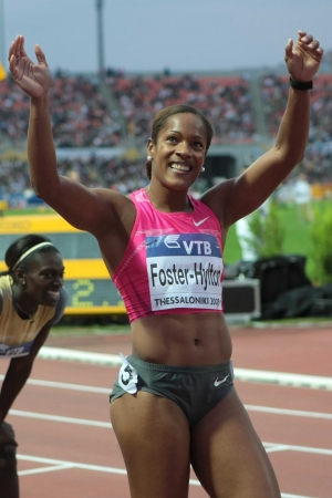 THESSALONIKI, GREECE - SEPT 12:Brigitte Foster-Hylton celebrates winning the women's 100m hurdles final at the IAAF 2009 World Athletics Final on September 12, 2009 in Kaftatzoglio stadium,Thessaloniki,Greece のeditorial素材