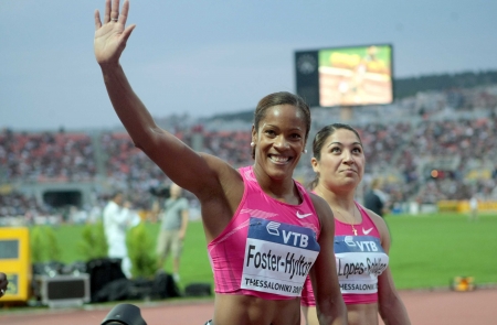 THESSALONIKI, GREECE - SEPT 12:Brigitte Foster-Hylton celebrates winning the women's 100m hurdles final at the IAAF 2009 World Athletics Final on September 12, 2009 in Kaftatzoglio stadium,Thessaloniki,Greece のeditorial素材