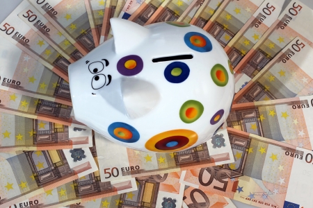  Piggy bank on sea of 50 euros の写真素材