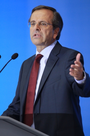 THESSALONIKI,GREECE - Sept 17,2012: Leader of New Democracy Antonis Samaras speaks during the 76th Thessaloniki International Fair (TIF), in Thessaloniki のeditorial素材