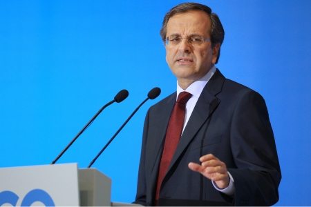 THESSALONIKI,GREECE - Sept 17,2012: Leader of New Democracy Antonis Samaras speaks during the 76th Thessaloniki International Fair (TIF), in Thessaloniki のeditorial素材
