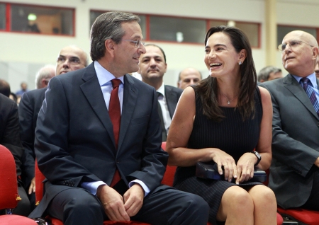 THESSALONIKI,GREECE - Sept 17, 2012: Leader of New Democracy Antonis Samaras (L) and his wife Georgia (R) during the 76th Thessaloniki International Fair (TIF), in Thessalonikiのeditorial素材