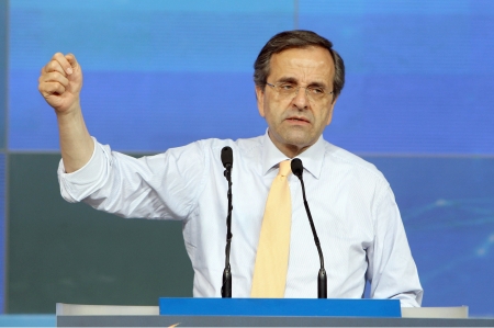 THESSALONIKI,GREECE - June 14, 2012: Leader of New Democracy Antonis Samaras speaks during a concentration pre-election in Thessaloniki のeditorial素材