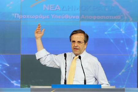 THESSALONIKI,GREECE - June 14, 2012: Leader of New Democracy Antonis Samaras speaks during a concentration pre-election in Thessaloniki のeditorial素材