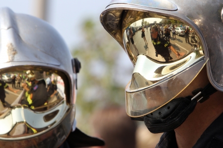 THESSALONIKI,GREECE - SEPT 08, 2012: Policemen, firefighters and port policeman protest in Thessaloniki against further cuts on their payroll のeditorial素材