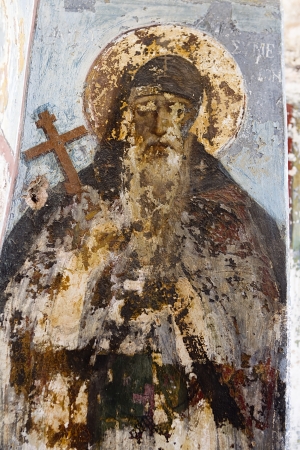 MOUNT ATHOS,GREECE -AUG 12, 2012: Timeworn Icon at Hilandar Monastery on the southwest side of the peninsula of Mount Athos in Greece のeditorial素材