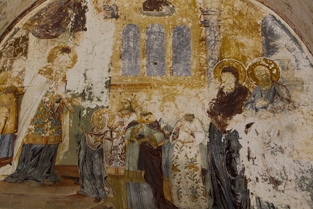 MOUNT ATHOS,GREECE -AUG 12, 2012: Timeworn Icon at Hilandar Monastery on the southwest side of the peninsula of Mount Athos in Greece のeditorial素材