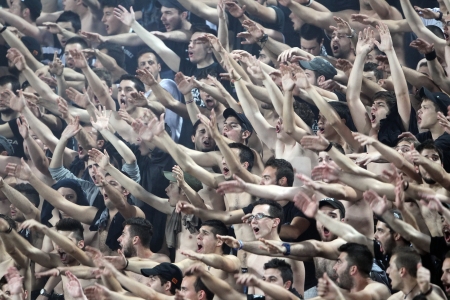 THESSALONIKI, GREECE - MAY 10, 2012: Fans and supporters of PAOK team in football match between Paok and Panathinaikos cheering for their team goals のeditorial素材