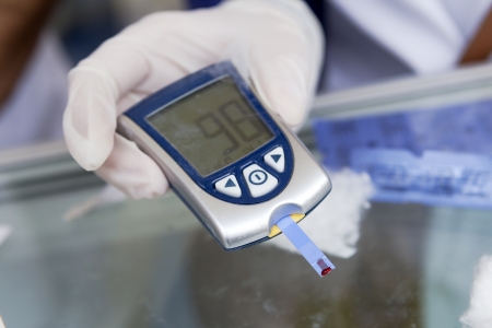 Measuring blood sugar with a blood glucose meterの写真素材